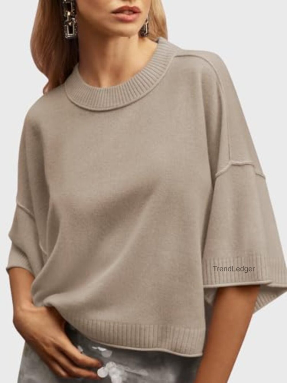 Short Sleeve Oversized Cropped Sweater Lightweight Knit Crewneck Pullover - Picture 2 of 7